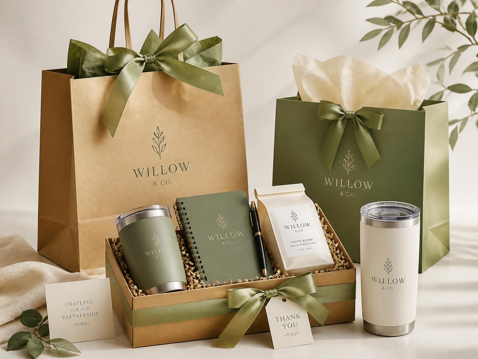 Custom branded kraft and sage gift bags with ribbon, tumblers and a curated marketing gift box